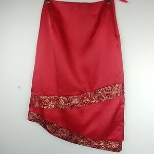 Vintage Asian style gold embroidered satin faux wrap asymmetrical pencil skirt